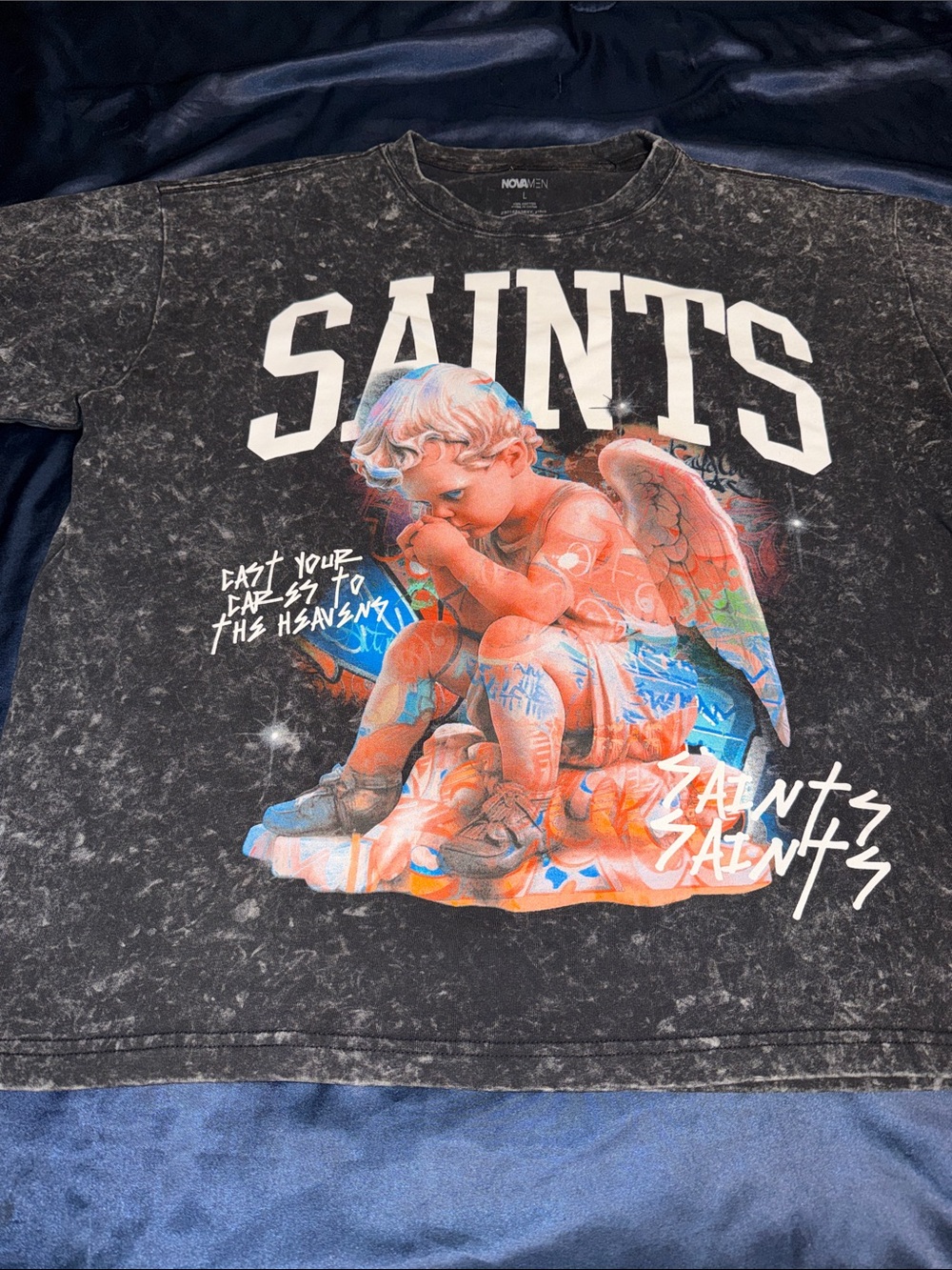 Fashion Nova SAINTS Black Mineral Wash Angel Graphic Tee (Oversized) Shirt